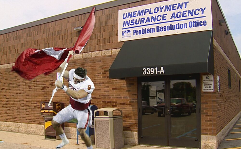 baker mayfield planting unemployment flag.jpeg
